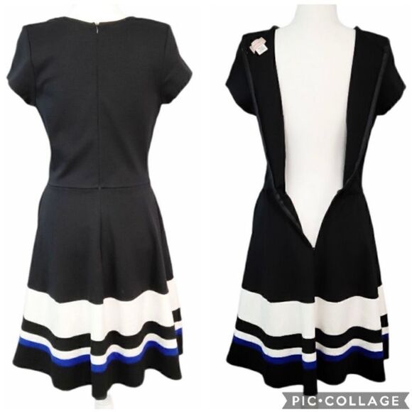 Love...Ady Fit & Flare Black White Royal Blue Flattering Dress Size Medium Crew - Picture 6 of 8